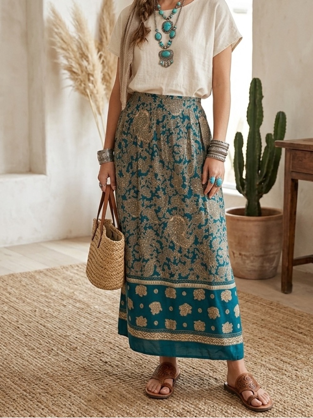 Vintage Norton McNaughton Petite Maxi Skirt 6P Teal Paisley Elephant Boho Rayon